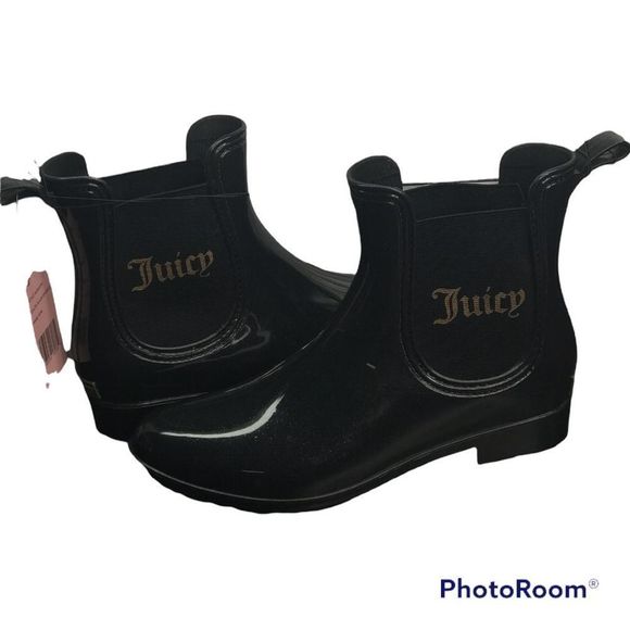 Juicy Couture Women’s Shimmery Black Rubber Slip On Rain Ankle Booties Sz 7 NEW - Picture 5 of 13